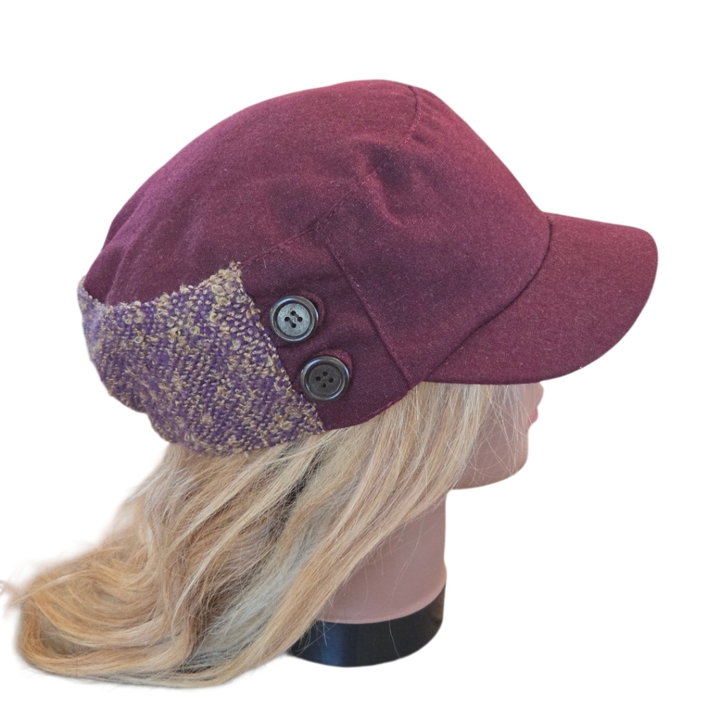 Tweed Cadet Hat Newsboy Cap Burgundy Wool Blend Cabbie Fisherman Baker Boy